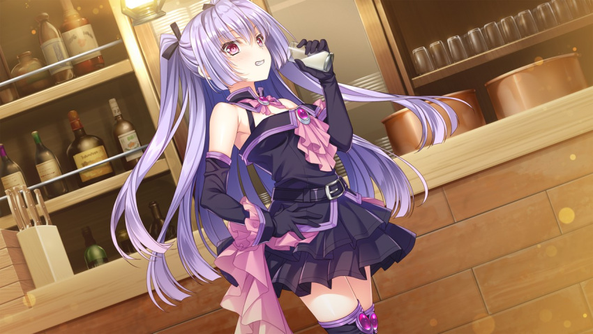 1girl, asymmetrical_gloves, bangs, black_gloves, black_legwear, black_ribbon, black_shirt, black_skirt