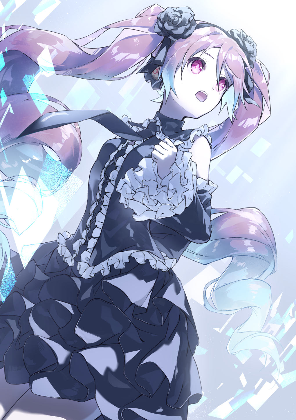 1girl, black_dress, black_flower, black_hairband, black_necktie, blue_hairband, commentary, detached_sleeves