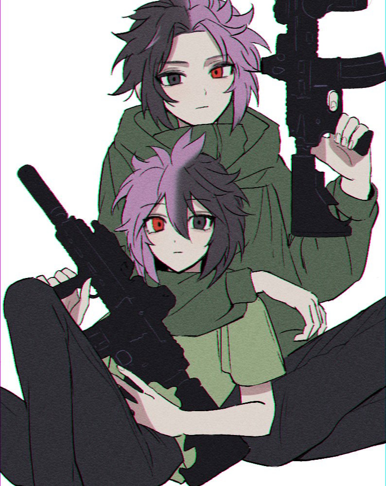 2boys, 7himebdgd, arm_around_neck, black_eyes, black_hair, black_pants, chromatic_aberration, closed_mouth