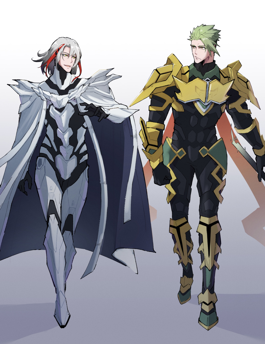 2boys, absurdres, achilles_(fate), armor, cape, fate/grand_order, fate_(series), full_body