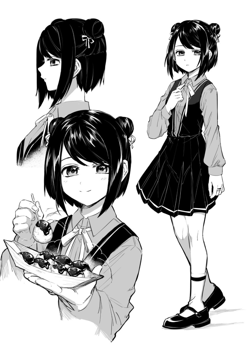 1girl, bangs, blush, collared_shirt, cropped_torso, double_bun, dress, expressionless, food, from_side, full_body, greyscale, hair_bun, hair_ribbon, highres, kuroe_(magia_record), long_sleeves, looking_ahead, looking_at_viewer, magia_record:_mahou_shoujo_madoka_magica_gaiden, mahou_shoujo_madoka_magica, mary_janes, monochrome, multiple_views, parted_lips, pleated_dress, profile, ribbon, shirt, shoes, short_dress, sidelocks, simple_background, smile, socks, split_mouth, steam, swept_bangs, symbol-only_commentary, takoyaki, yukishiro_(hitsuji)
