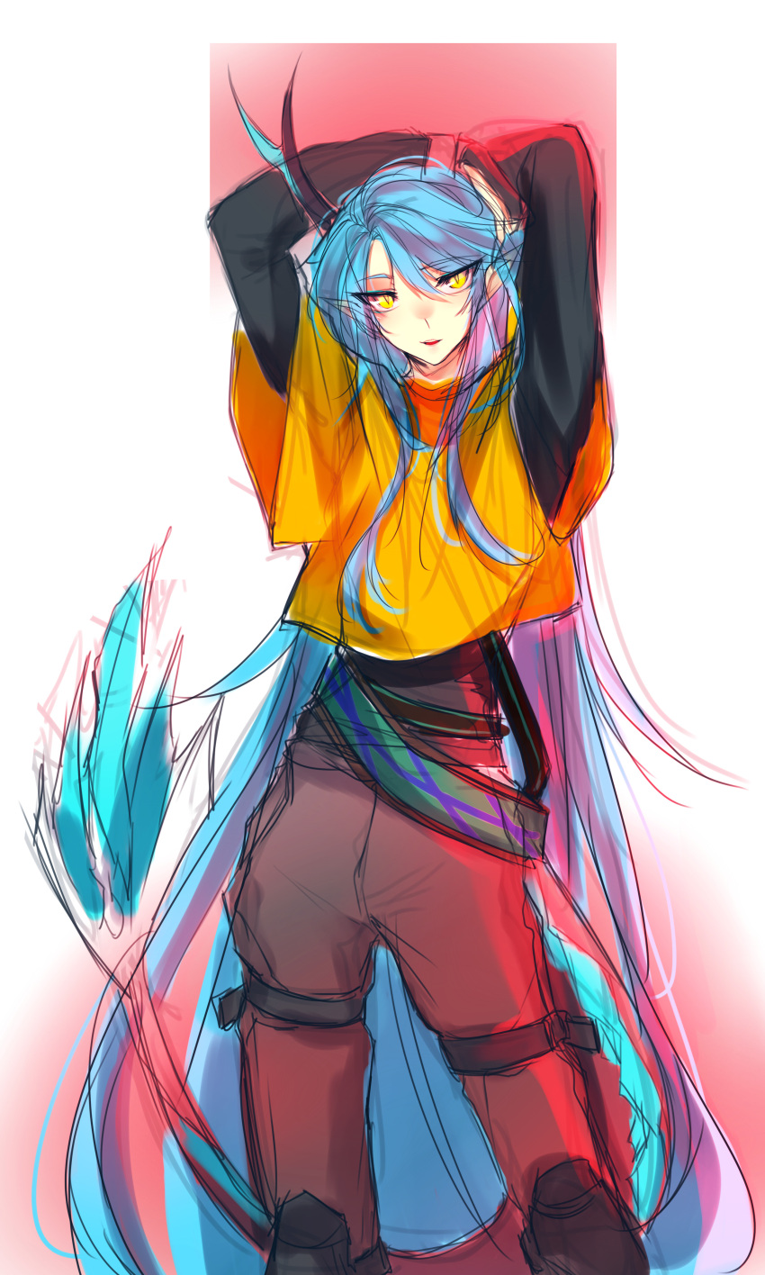 1boy, absurdres, belt, blue_hair, denif_(elsword), dragon_boy, dragon_horns, dragon_tail