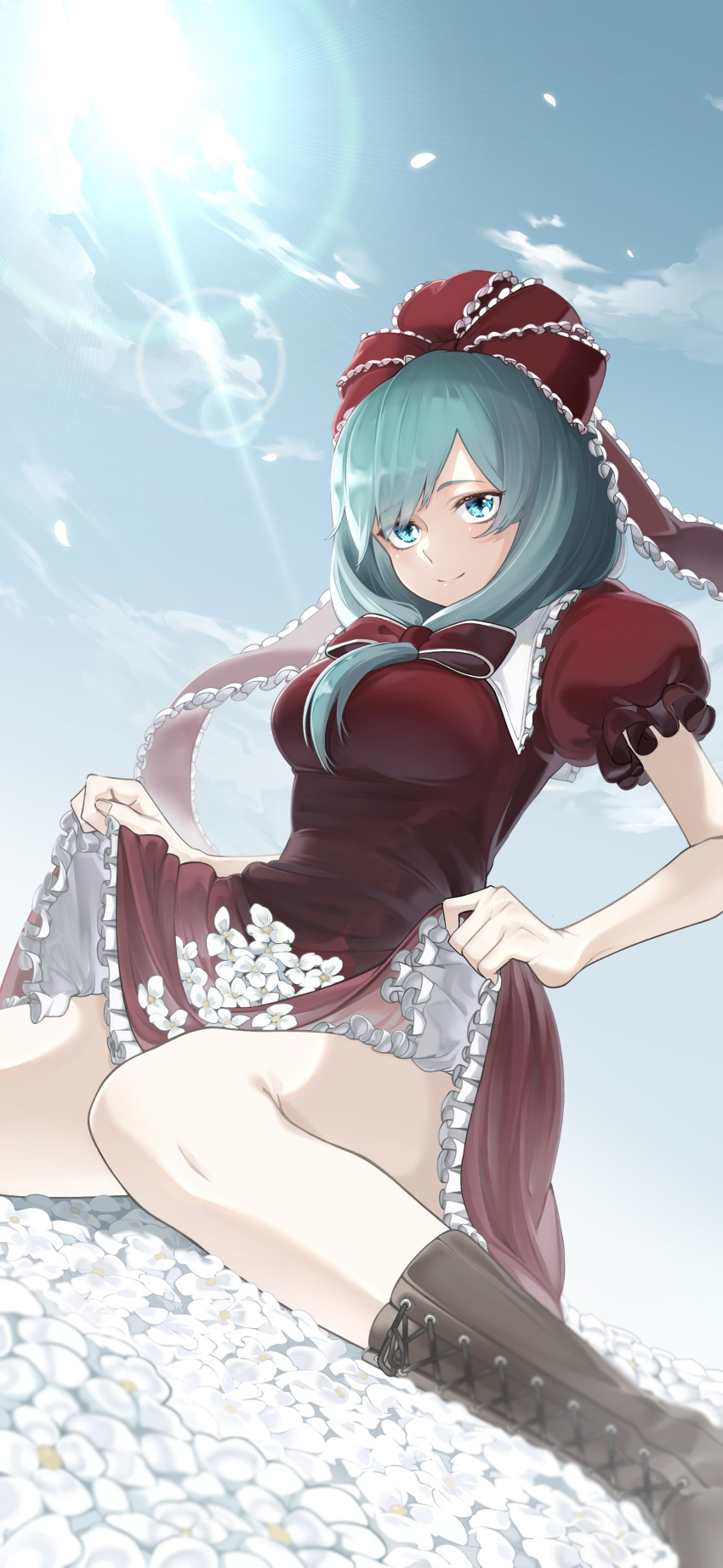 1girl, absurdres, bangs, boots, breasts, brown_footwear, closed_mouth, commentary_request, cross-laced_footwear, day, dress, flower, frilled_dress, frilled_sleeves, frills, front_ponytail, green_eyes, green_hair, happy, highres, kagiyama_hina, medium_breasts, medium_hair, outdoors, puffy_short_sleeves, puffy_sleeves, red_dress, short_sleeves, shot_(shot0598), skirt_basket, skirt_hold, smile, solo, touhou, white_flower