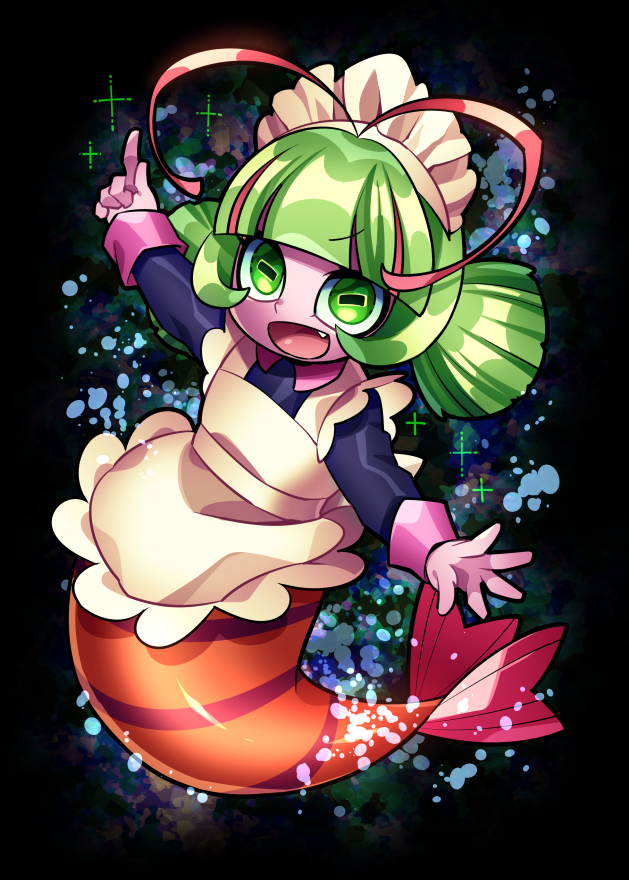 1girl, antennae, apron, black_background, colored_skin, elda_(precure), fang, frilled_apron