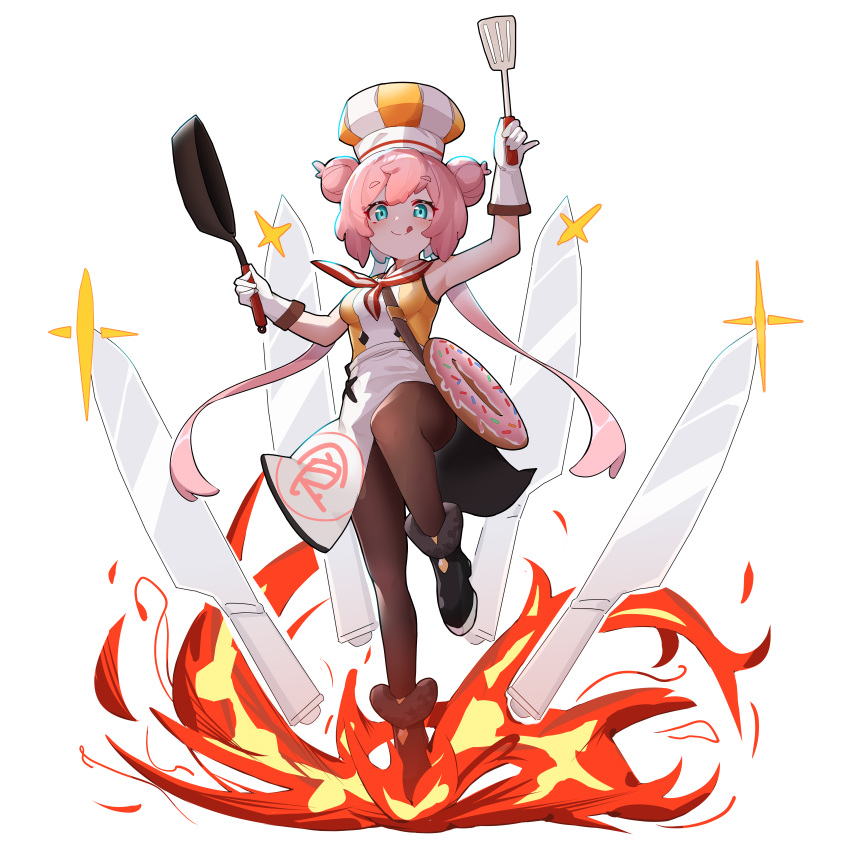 1girl, absurdres, arm_up, armpits, bare_shoulders, black_footwear, boots, chef_hat
