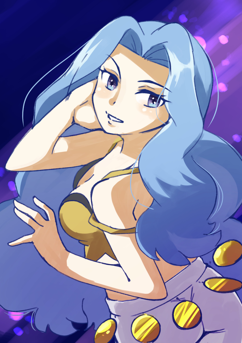 1girl, 34_(sanjushi), ass, bare_arms, bare_shoulders, blue_hair, breasts, crop_top