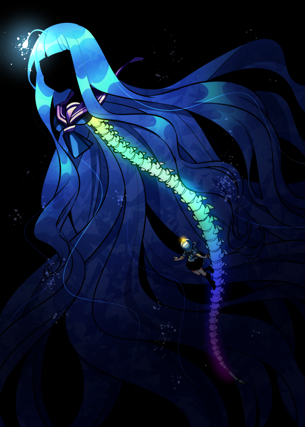 2girls, absurdly_long_hair, black_background, black_skirt, blue_hair, blue_neckerchief, diving_helmet, faceless, full_body, glowing, helmet, long_hair, multiple_girls, neckerchief, original, oxygen_tank, pleated_skirt, purple_sailor_collar, sailor_collar, senmu_(0107), shirt, short_sleeves, skirt, solo, spine, swimming, underwater, very_long_hair, white_shirt