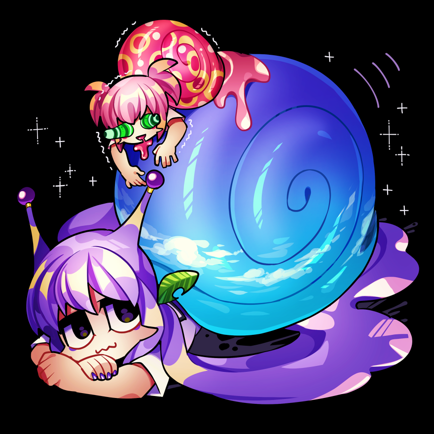 2girls, antennae, black_background, blonde_hair, full_body, looking_at_another, lying, lying_on_person