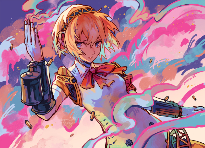 1girl, aegis_(persona), android, armband, blonde_hair, blue_eyes, bow, bowtie, collar, finger_gun, headband, joints, looking_to_the_side, multicolored_background, parted_lips, persona, persona_3, robot, robot_joints, say0ran, shell_casing, short_hair, signature, smoke, solo, twitter_username, upper_body, watermark