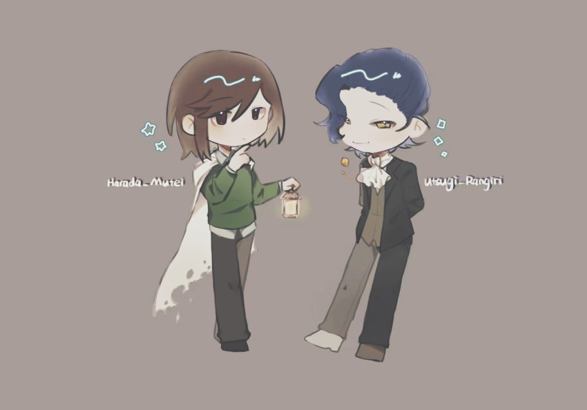 2boys, arms_behind_back, ascot, black_footwear, black_jacket, black_pants, blue_hair, brown_background