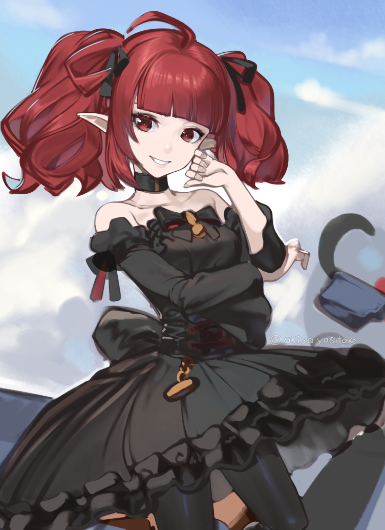 1girl, ahoge, akisa_(12023648), arm_rest, bare_shoulders, black_choker, black_dress, black_legwear, black_ribbon, blue_sky, blush, choker, clouds, cloudy_sky, collarbone, dnf_duel, dress, dungeon_and_fighter, earrings, enchantress_(dungeon_and_fighter), female_mage_(dungeon_and_fighter), gothic_lolita, hair_ornament, hair_ribbon, hand_on_own_face, jewelry, lolita_fashion, long_hair, looking_at_viewer, mage_(dungeon_and_fighter), pink_eyes, pink_hair, pointy_ears, red_eyes, redhead, ribbon, sky, smile, twintails, twitter_username