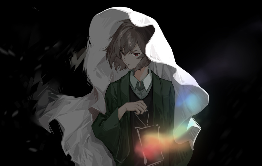 1boy, absurdres, black_background, black_vest, brown_hair, cloak, closed_mouth, collared_shirt, green_jacket, harada_mutei, highres, holding, holding_lantern, jacket, lantern, lizi_hua_guaishou, male_focus, open_clothes, open_jacket, red_eyes, saibou_shinkyoku, shirt, short_hair, solo, upper_body, vest, white_cloak, white_shirt