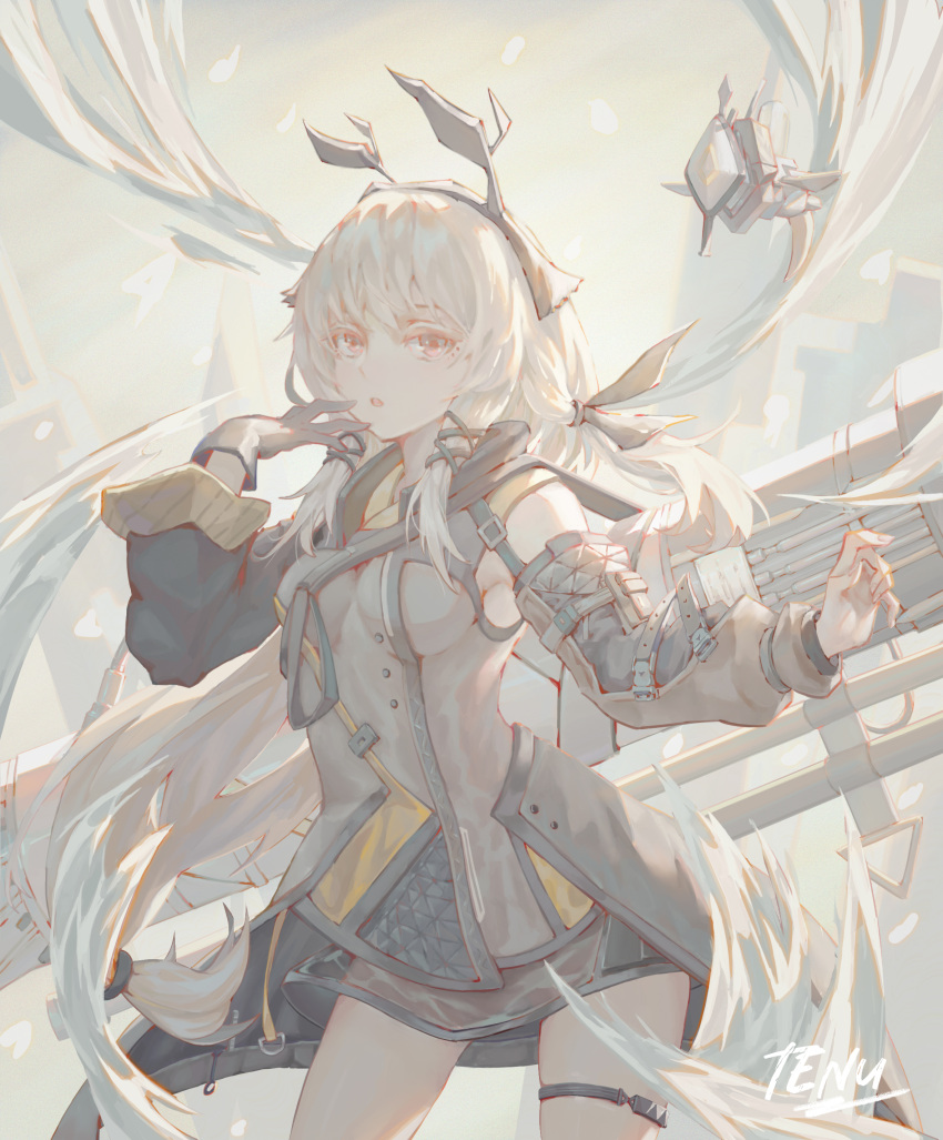 1girl, :o, absurdres, arknights, cannon, cowboy_shot, cross_hair_ornament, detached_sleeves