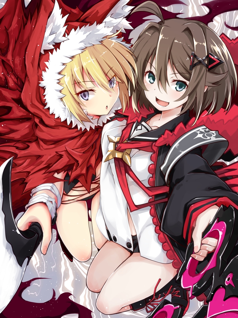 2girls, ahoge, akazukin_(mary_skelter), animal_hood, bangs, black_souls, blonde_hair, blue_eyes