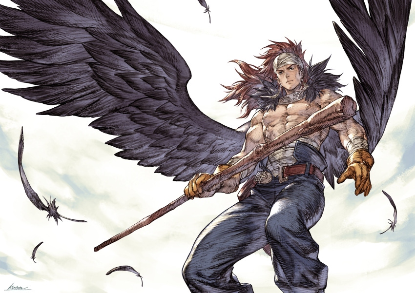 1boy, belt, black_eyes, black_pants, black_wings, brown_belt, brown_hair, canopus_wolph