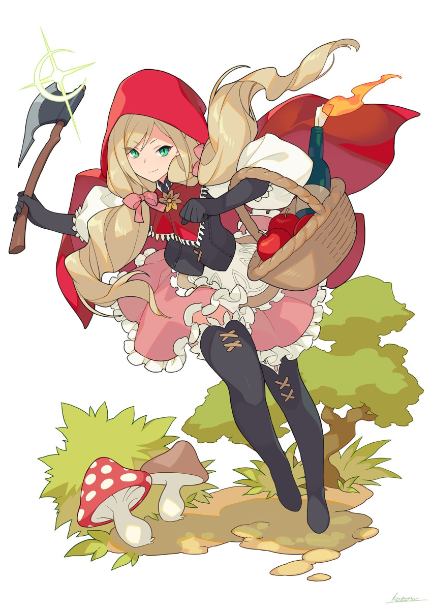 1girl, apple, axe, basket, black_footwear, black_gloves, blonde_hair, boots
