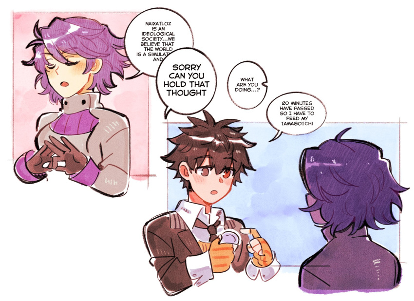 1boy, 1girl, :o, ai_the_somnium_files, ai_the_somnium_files:_nirvana_initiative, ange_(angeban93), black_gloves, black_hair