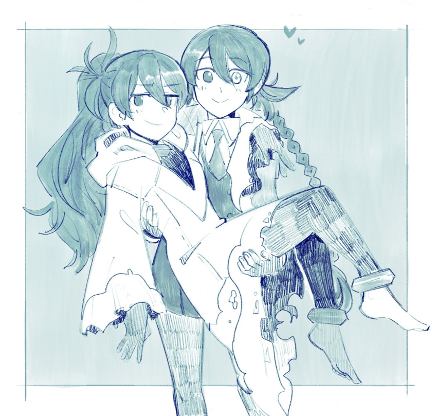 2girls, ai_the_somnium_files, ai_the_somnium_files:_nirvana_initiative, ange_(angeban93), barefoot, braid, carrying, carrying_person