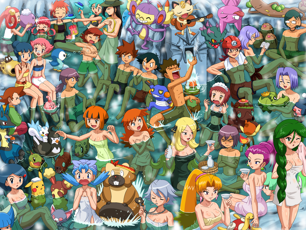 6+boys, 6+girls, ambipom, annotated, ash_ketchum, autumn_(pokemon), bath, bibarel