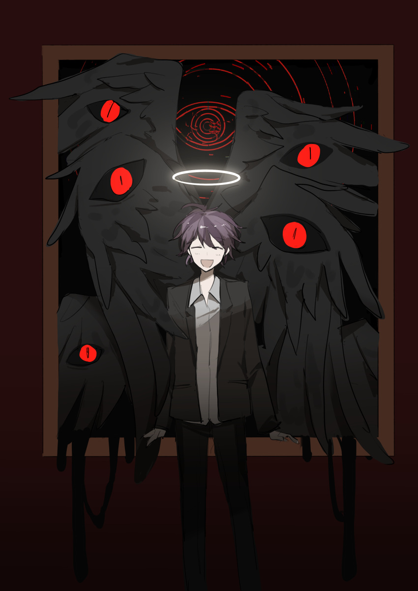 absurdres, ahoge, arms_at_sides, black_jacket, black_pants, chinese_commentary, closed_eyes, collared_shirt, commentary_request, feet_out_of_frame, halo, highres, horror_(theme), jacket, lesnuitsblanches, male_focus, open_clothes, open_collar, open_jacket, open_mouth, pants, purple_hair, red_eyes, saibou_shinkyoku, shirt, short_hair, sketch, smile, spoilers, suit_jacket, theodore_riddle, white_shirt, wings