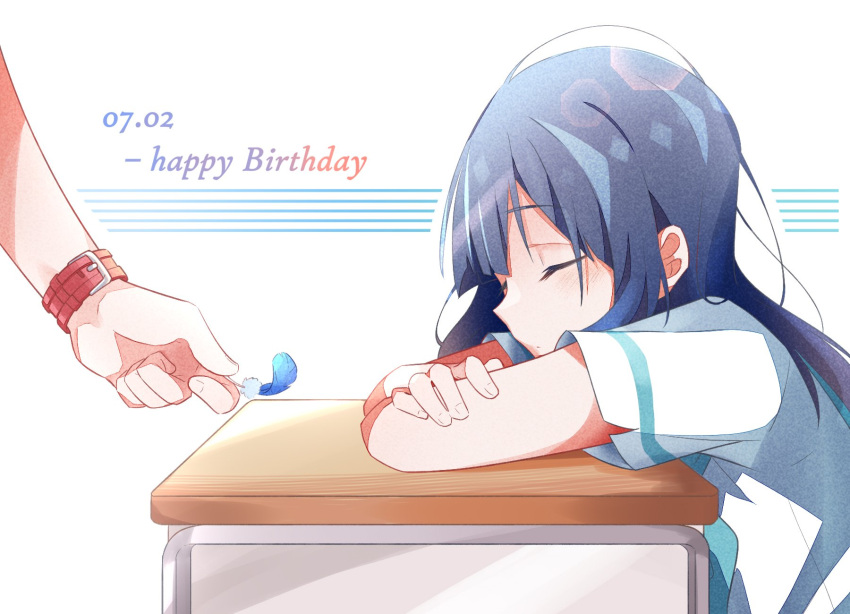 2girls, bangs, blue_feathers, blue_hair, blue_neckerchief, blue_sailor_collar, closed_eyes, closed_mouth
