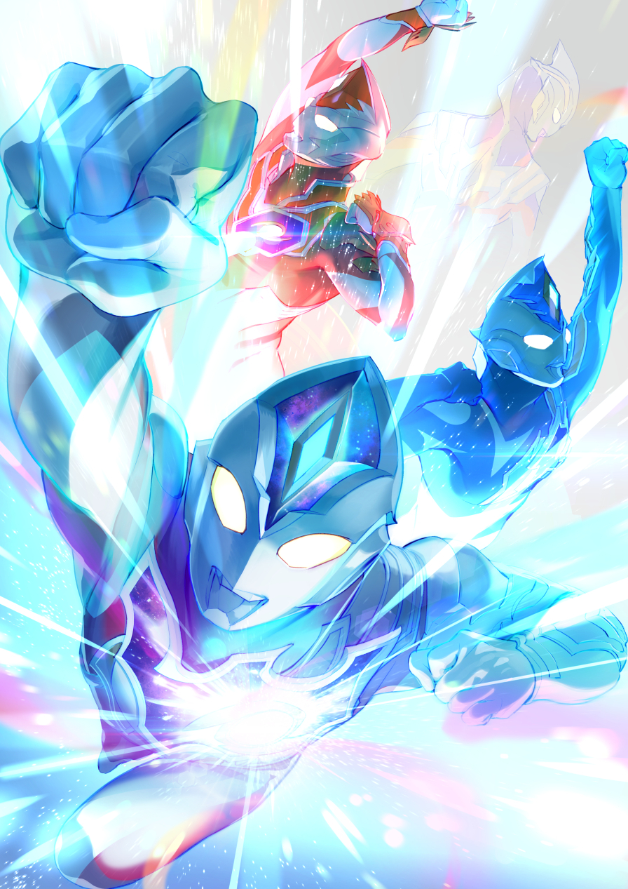 4boys, alien, blue_theme, clenched_hand, commentary_request, flying, galaxy, glowing
