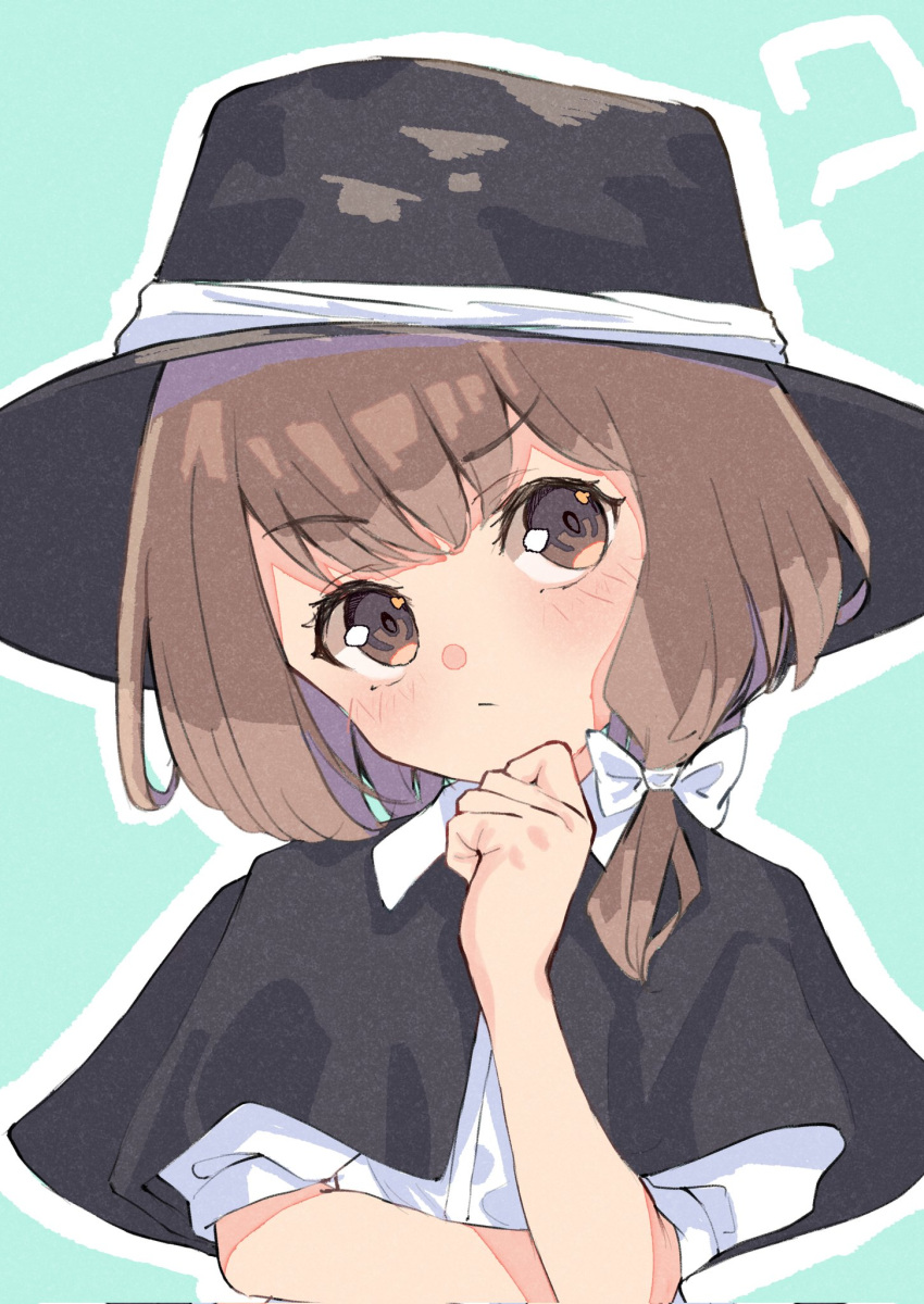1girl, ?, black_headwear, brown_eyes, brown_hair, green_background, hair_ribbon, highres, mouryou_(chimimouryou), ribbon, shirt, short_hair, short_sleeves, thinking, touhou, usami_renko, white_shirt
