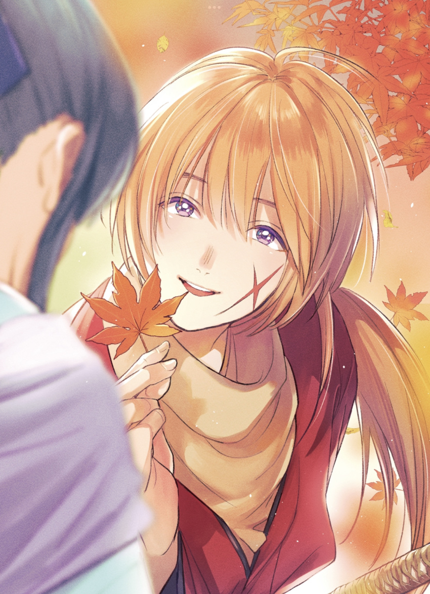 1boy, 1girl, autumn, autumn_leaves, bangs, black_hair, blurry, cross_scar