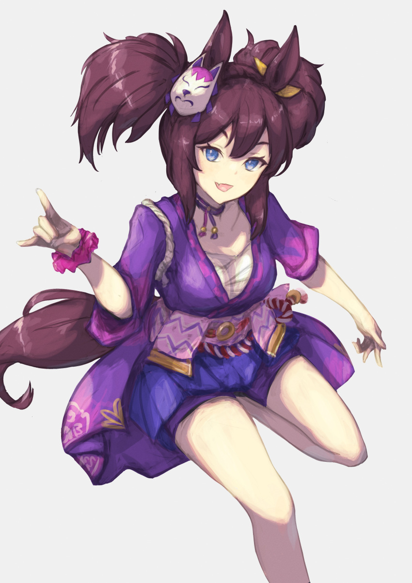 1girl, absurdres, animal_ears, bangs, blue_eyes, brown_hair, chest_sarashi, fang