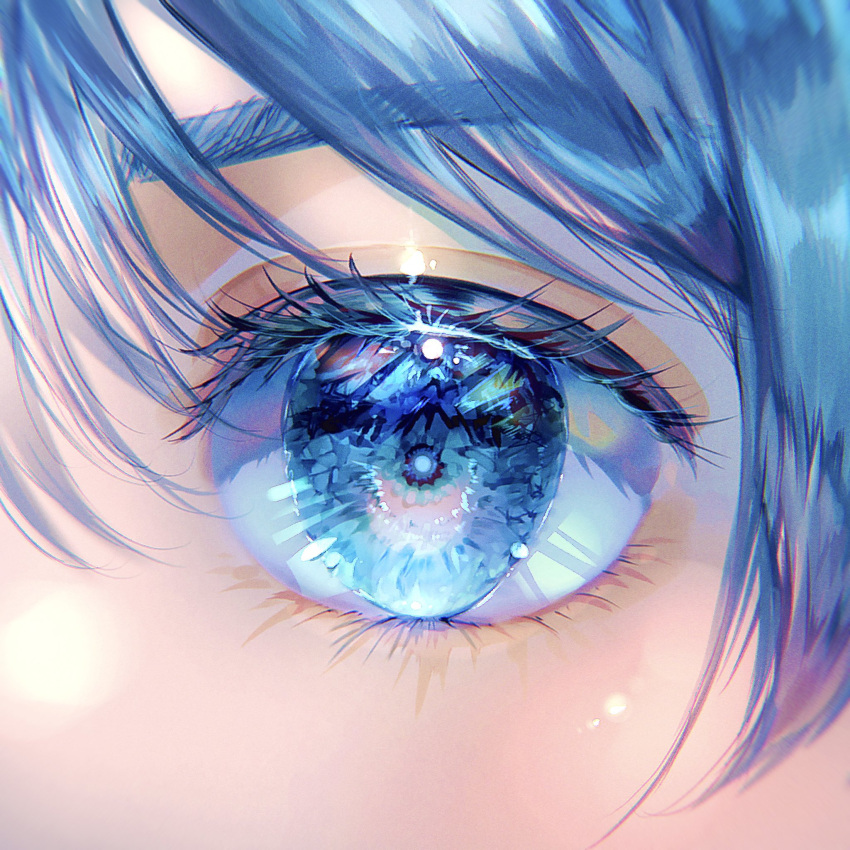 1girl, bangs, blue_eyes, blue_hair, blue_sclera, close-up, colored_eyelashes, colored_sclera, commentary_request, eye_focus, eye_reflection, face, hair_between_eyes, hatsune_miku, highres, light_blush, looking_at_viewer, pinapo_25, reflection, solo, vocaloid