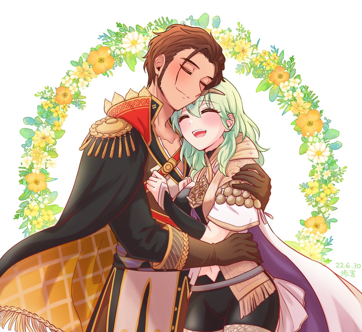 1boy, 1girl, ^_^, alukubero, bangs, black_cape, blush, brown_gloves, brown_hair, cape, claude_von_riegan, closed_eyes, couple, cowboy_shot, enlightened_byleth_(female), fire_emblem, fire_emblem:_three_houses, flower, gloves, green_hair, hetero, hug, long_hair, long_sleeves, open_mouth, short_hair, sideburns, smile, standing, white_background, white_cape