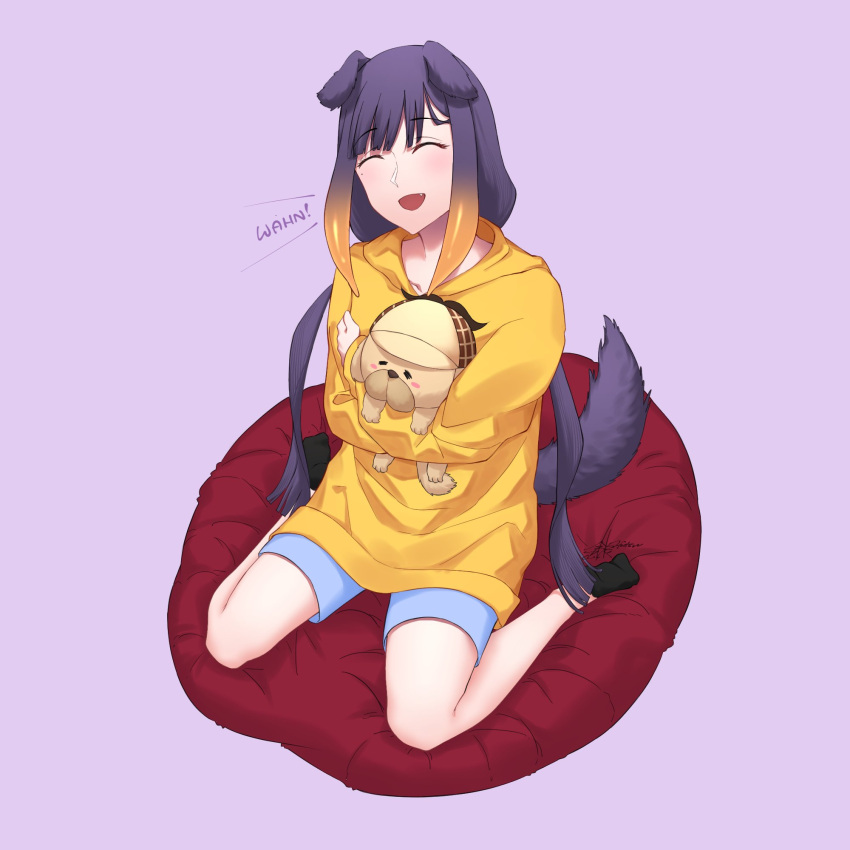 1girl, :d, animal, animal_ears, bean_bag_chair, black_socks, blue_shorts, bubba_(watson_amelia), closed_eyes, dog, dog_ears, ginfutsuu, highres, holding, holding_animal, holding_dog, hololive, hololive_english, hood, hoodie, ninomae_ina'nis, open_mouth, purple_hair, shorts, sitting, smile, tail, wariza, yellow_hoodie