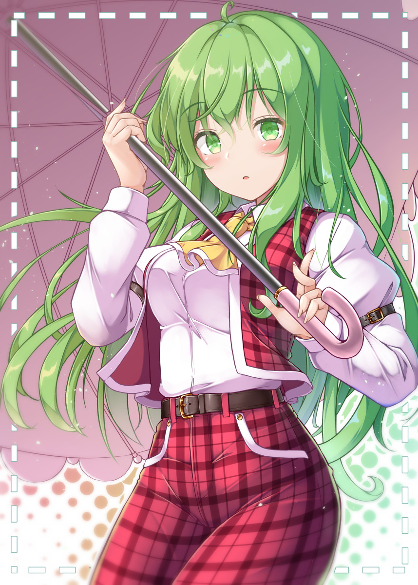 1girl, aka_tawashi, belt, breasts, dotted_line, green_eyes, green_hair, highres, kazami_yuuka, long_hair, looking_at_viewer, pants, red_pants, red_vest, shirt, touhou, umbrella, vest, white_shirt
