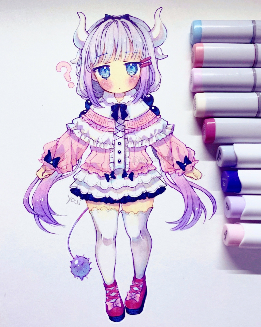 1girl, ?, absurdres, anny_(yoai), arms_at_sides, artist_name, bangs, blunt_bangs, blush, bow, bow_hairband, bowtie, buttons, clothing_request, confused, cross-laced_footwear, dragon_girl, dragon_horns, female_child, frills, full_body, fur_trim, hair_intakes, hair_ornament, hair_ornament_request, hairband, hairclip, highres, horns, instagram_username, kanna_kamui, kobayashi-san_chi_no_maidragon, long_hair, long_sleeves, looking_at_viewer, low_twintails, marker, marker_(medium), mole, mole_under_eye, pen_(medium), photo_(medium), puffy_long_sleeves, puffy_sleeves, purple_bow, purple_hair, purple_theme, red_footwear, sidelocks, solo, standing, tail, thick_thighs, thighs, traditional_media, twintails, very_long_hair, violet_eyes, watermark, white_legwear, zettai_ryouiki