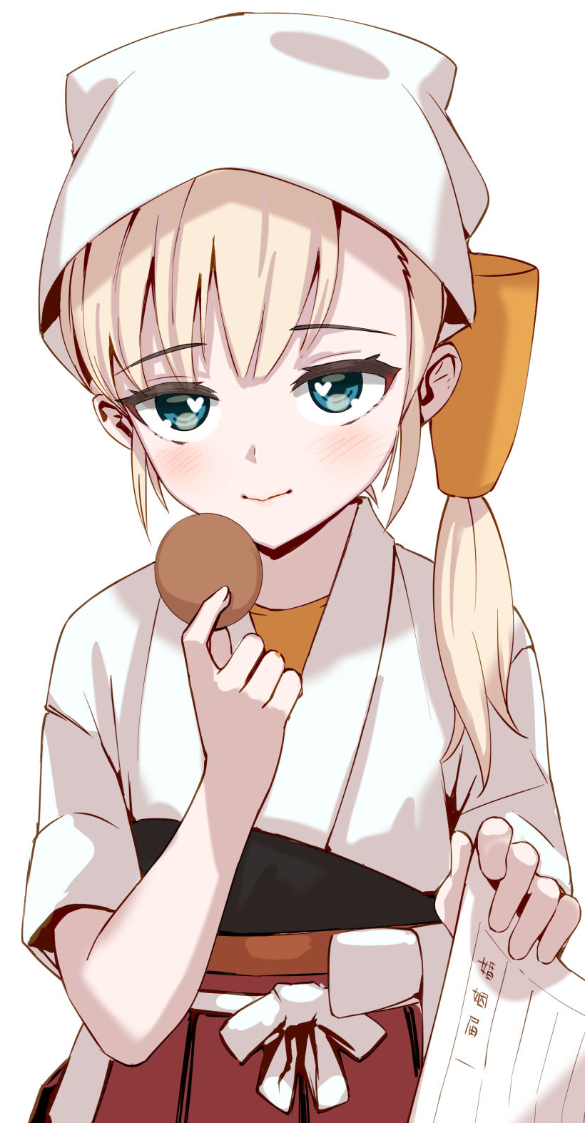 1girl, asava_(hutaitenn), bandana, bangs, blonde_hair, blue_eyes, blunt_bangs, cookie