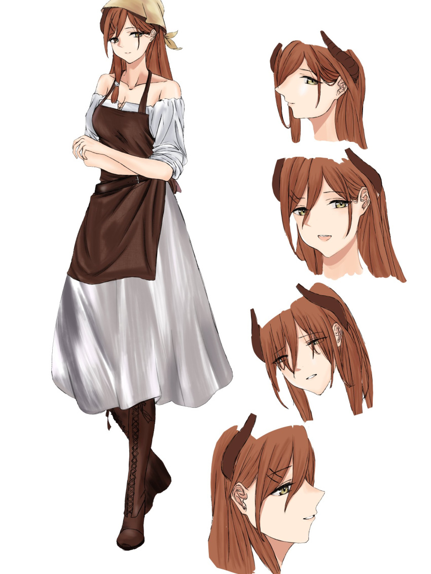 1girl, alternate_costume, apron, bangs, bare_shoulders, boots, breasts, brown_apron