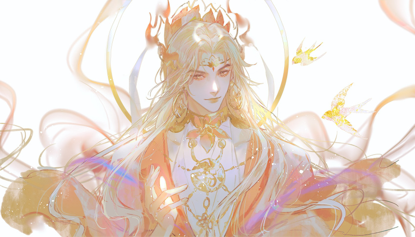 1boy, bare_pectorals, bishounen, blonde_hair, flower, hagoromo, hair_ornament, highres