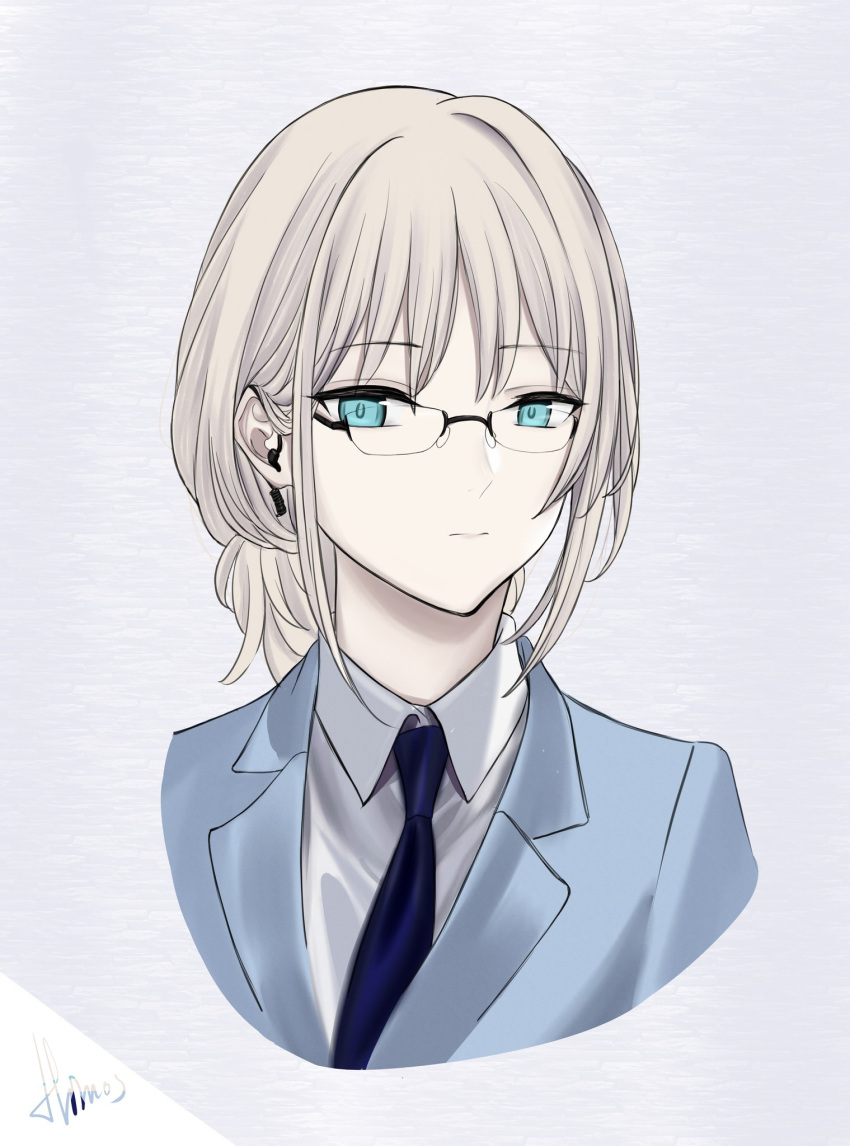 1girl, an-94_(girls'_frontline), aqua_eyes, aqua_jacket, artist_name, bangs, blonde_hair, blue_necktie
