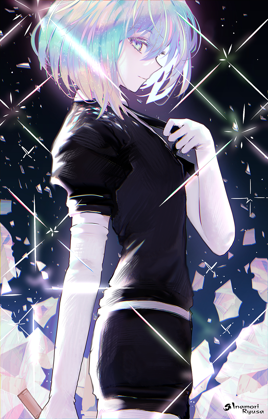 1other, adjusting_clothes, adjusting_necktie, androgynous, arm_at_side, bangs, belt, black_necktie
