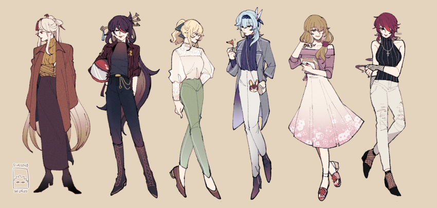 6+girls, adjusting_hair, alternate_costume, aqua_coat, arm_at_side, armpit_crease, arms_at_sides, asymmetrical_bangs