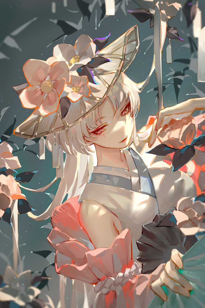 1girl, absurdres, facial_mark, flower, hair_ornament, hat, hat_flower, highres
