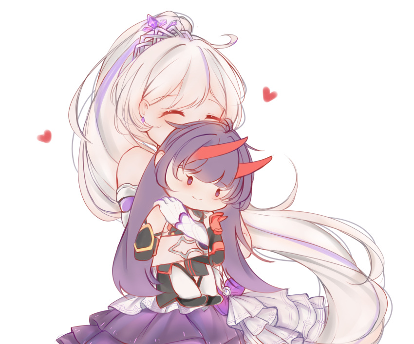 1girl, ^_^, absurdres, black_hair, character_doll, closed_eyes, doll_hug, dress, frilled_dress, frills, gloves, grey_hair, heart, highres, honkai_(series), honkai_impact_3rd, horns, implied_yuri, kiana_kaslana, kiana_kaslana_(herrscher_of_flamescion), long_hair, mikori, multicolored_hair, object_hug, ponytail, purple_hair, raiden_mei, raiden_mei_(herrscher_of_thunder), smile, streaked_hair, white_background