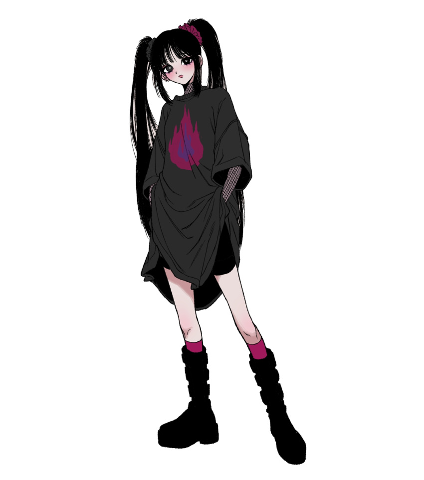 1girl, bangs, black_eyes, black_footwear, black_shorts, boots, ear_piercing, earrings