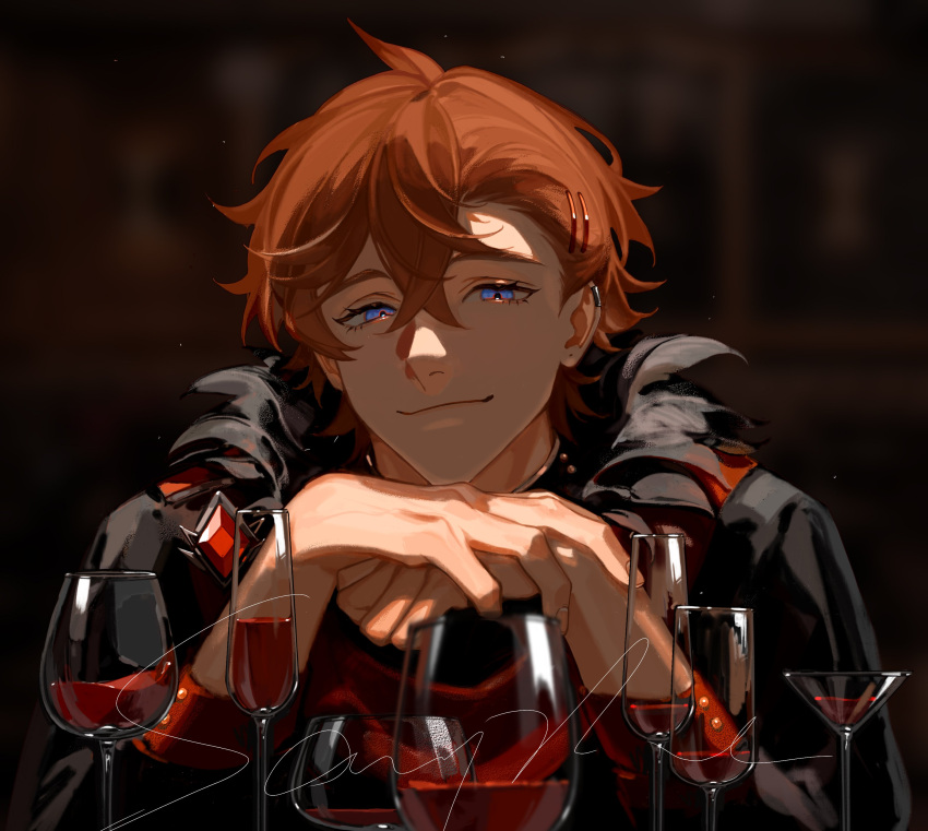 absurdres, ahoge, alcohol, alternate_costume, alternate_hairstyle, bangs, black_jacket, blue_eyes