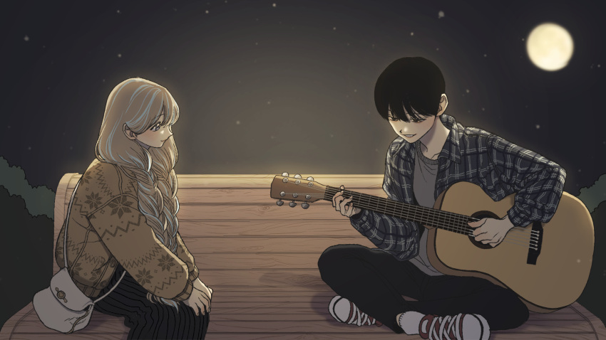 1boy, 1girl, acoustic_guitar, bag, bangs, bench, black_hair, black_pants