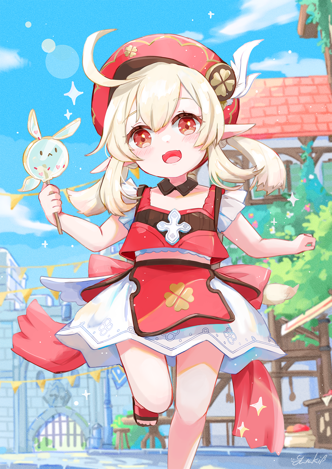 1girl, :d, ahoge, alternate_costume, bangs, blue_sky, building, cabbie_hat