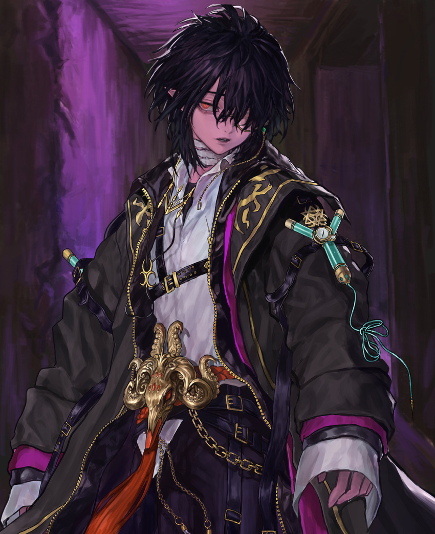 1boy, arm_belt, arms_at_sides, bandaged_neck, bandages, bangs, belt, black_coat