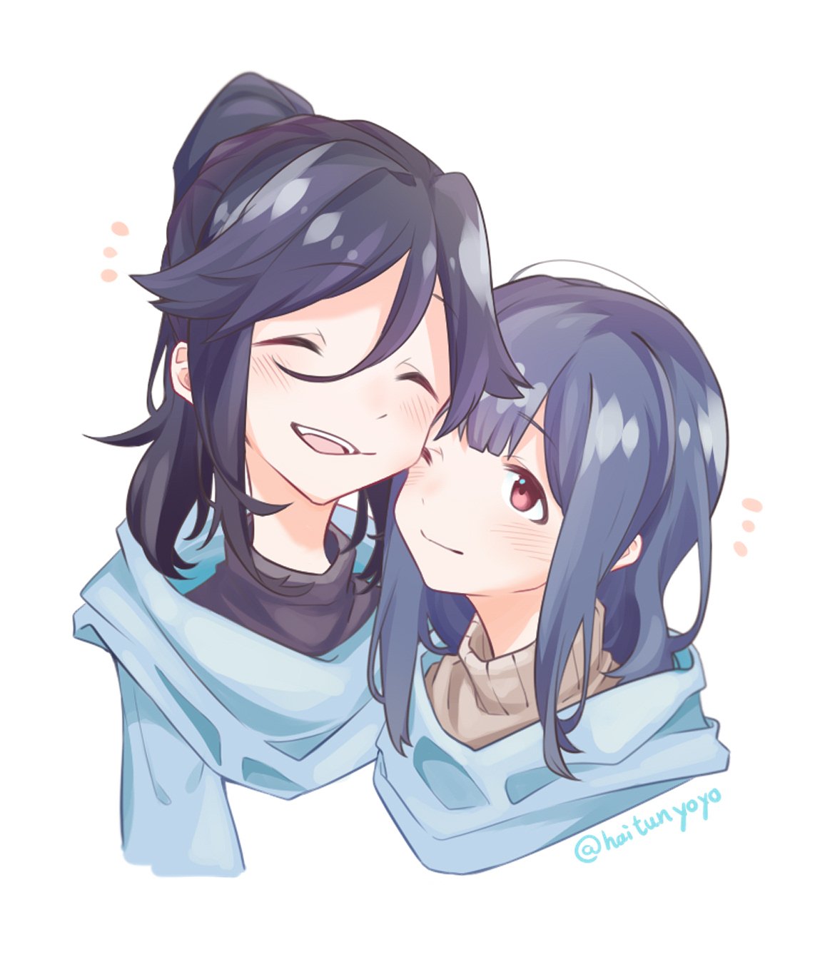 2girls, artist_name, bangs, black_hair, black_sweater, blue_hair, blue_scarf, blush