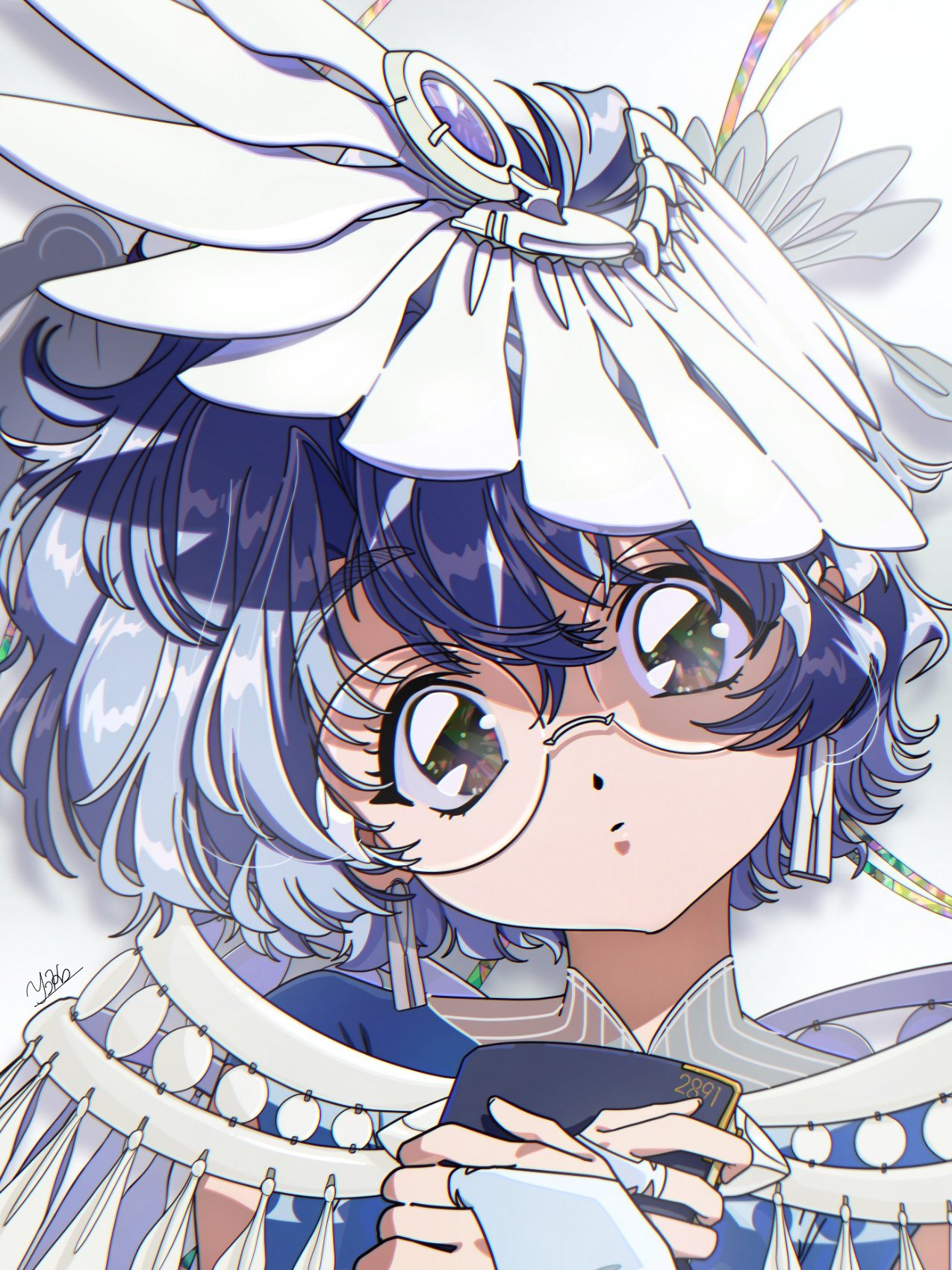 1girl, bangs, blue_hair, bridal_gauntlets, coin_(ornament), earrings, glasses, grey_eyes