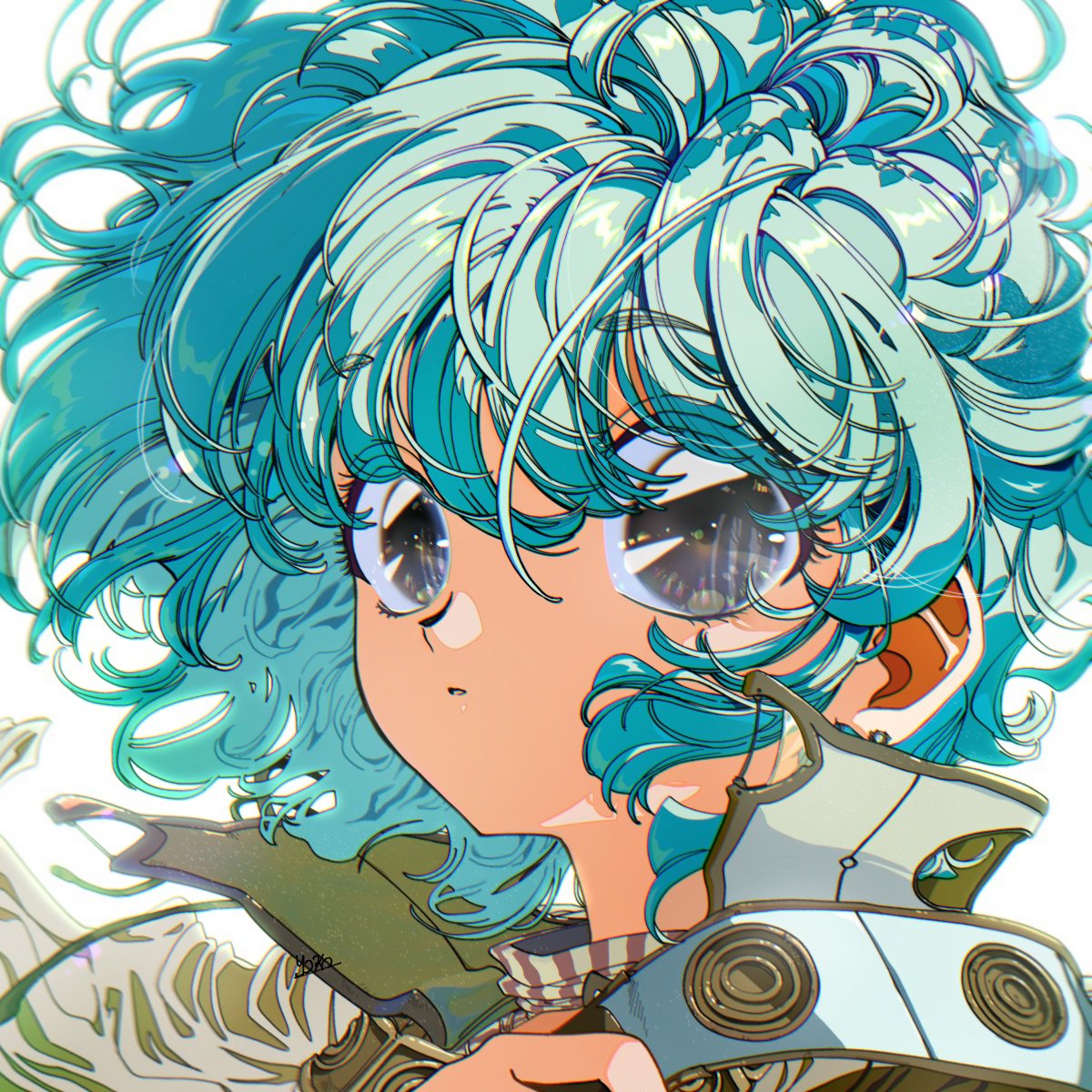 1girl, aqua_hair, bangs, blue_hair, floating_hair, grey_eyes, hand_up, highres